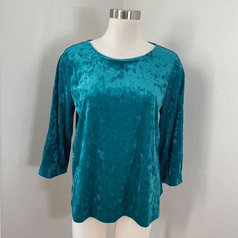 J Jill Womens Medium Crushed Velvet Teal 3/4 Sleeve Scoop Neck Top Shirt